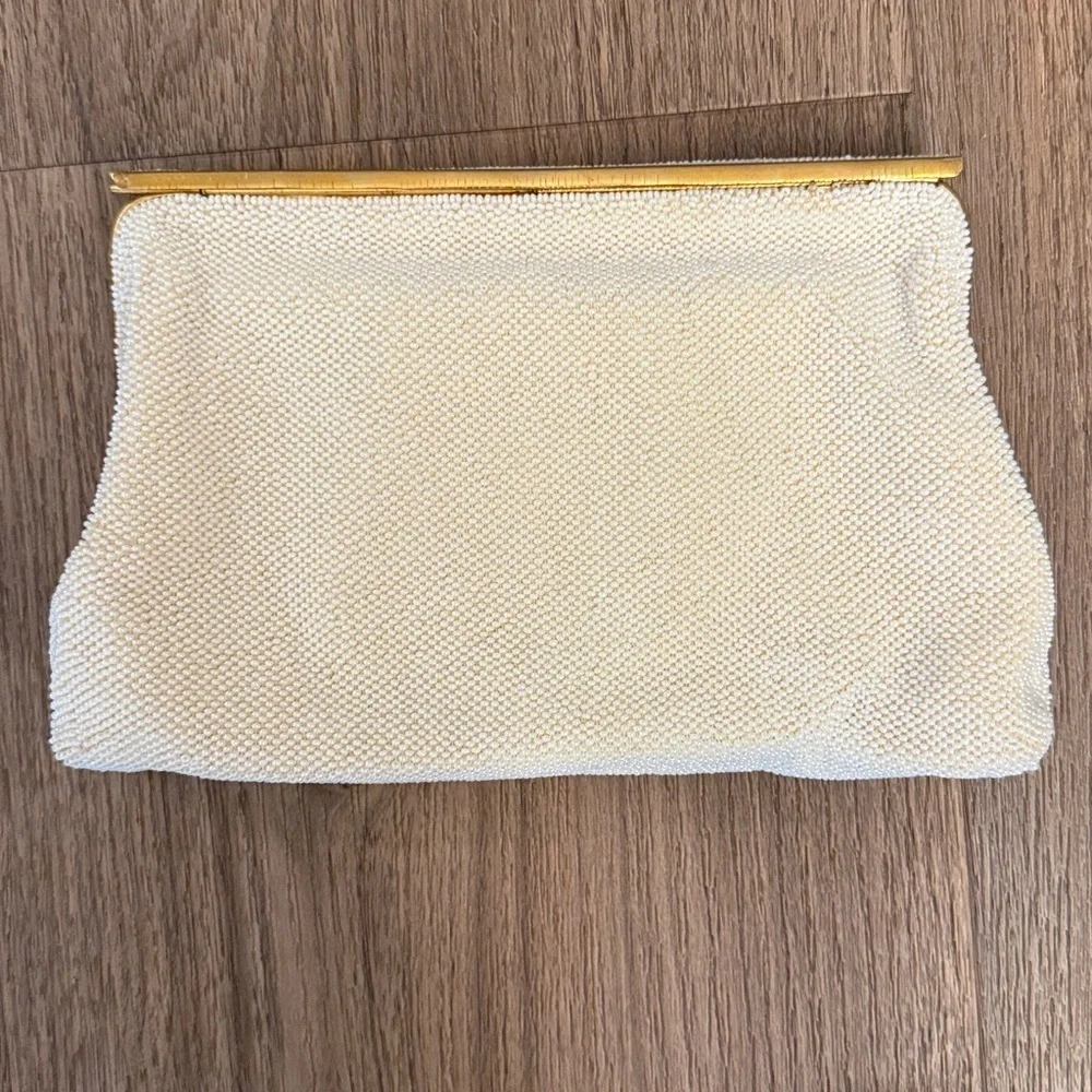Vntg magid hand beaded made in France Cream wedding Clutch with Gold Trim